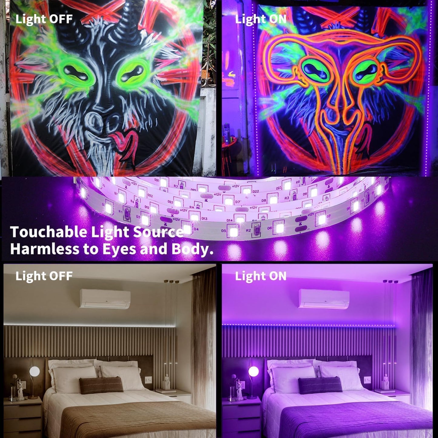Upgraded 50ft/15M LED Black Light Strip Set with Remote, 900 LEDs, 12V Self-Adhesive Dimmable Black Light Fixture, for Dance Parties, Interior Decoration, SMD2835 LED Lamp Beads, Non-Waterproof