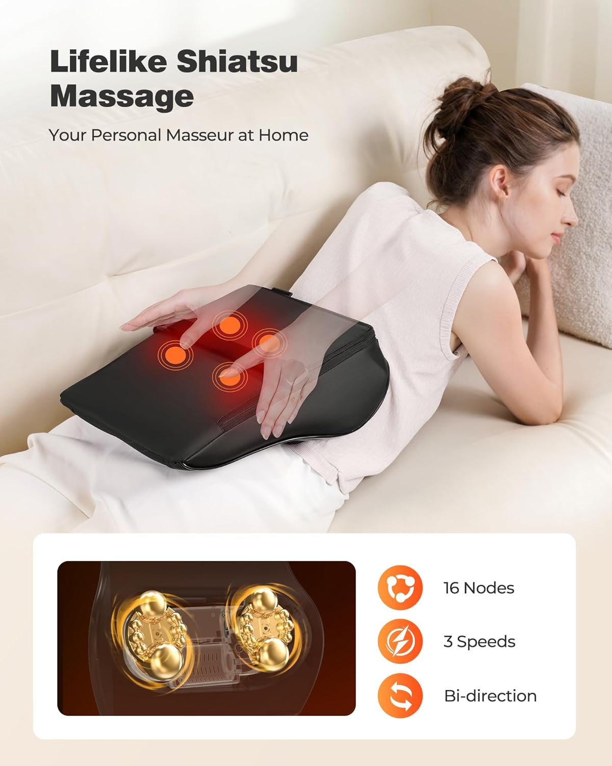 Pain Relief Back Massager – Shiatsu Neck & Back Massager with Heat – 3D Deep Tissue Kneading Massage Pillow for Neck, Shoulders, Back, Legs & Calves - PuriLite