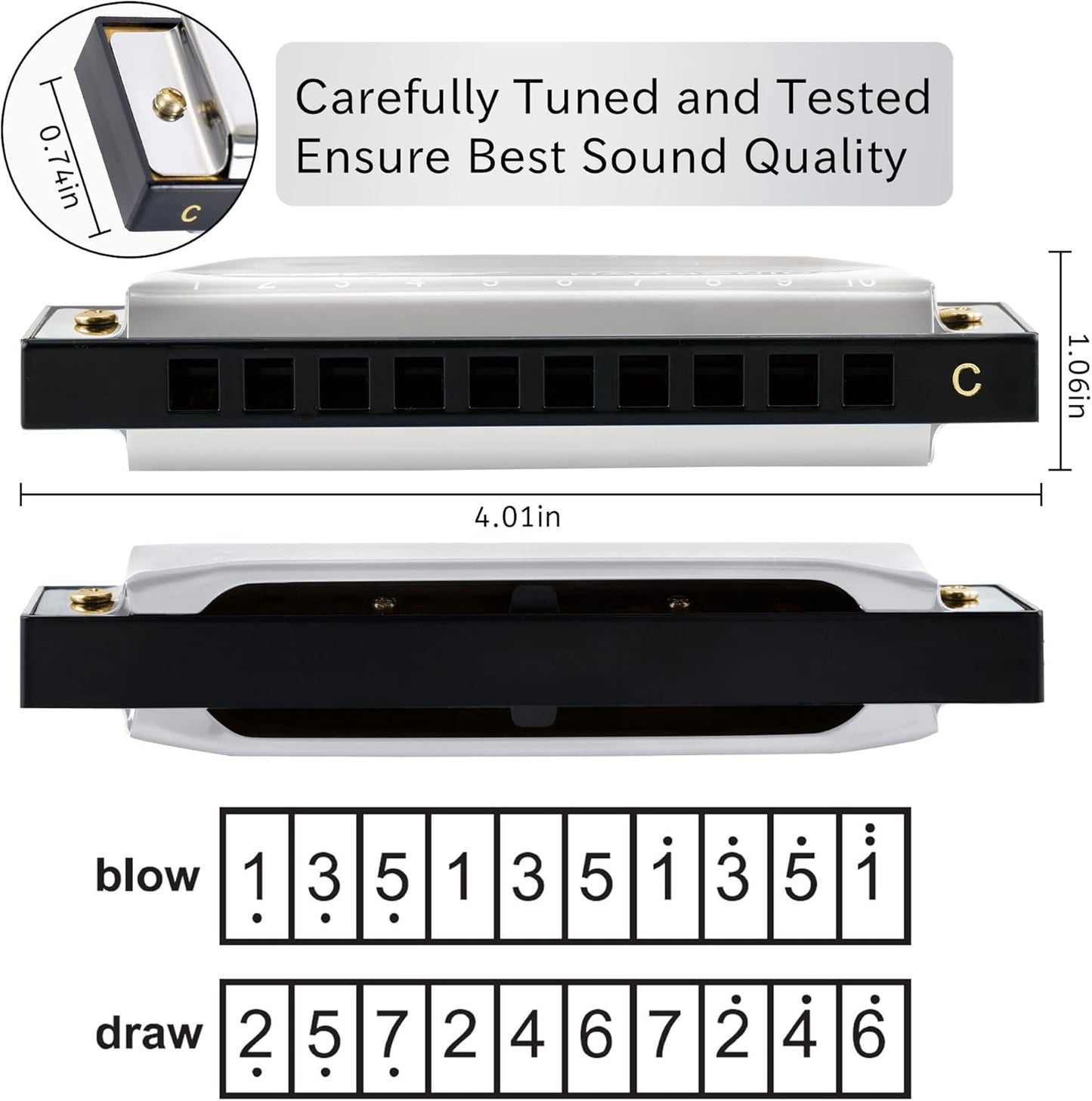 East top Harmonica, C Key Blues Harmonica for Beginners and Adults, 10 Holes Mouth Organ Blues Harp Diatonic Harmonica for For Kids Christmas' Gift