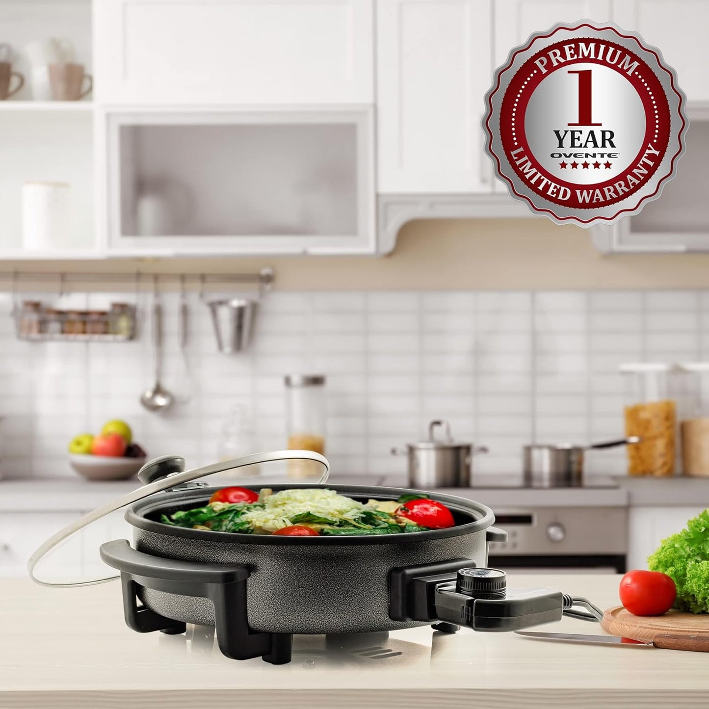 Ovente SK11112B Electric Skillet with Non-Stick Aluminum Body, 12 Inch, 1400-Watts, Temperature Controller, Tempered Glass Cover, Cool-Touch Handles, Black