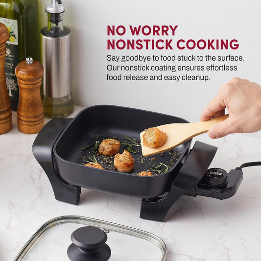 Elite Gourmet EG808 8” x 8" Non-stick Electric Skillet, Dishwasher Safe with Tempered Glass Vented Lid, Rapid Heat Up, 600W, Black - PuriLite