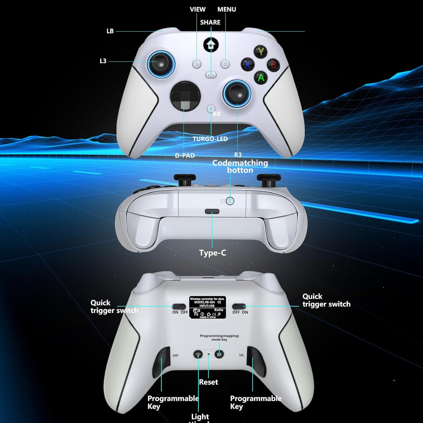 YUYIU Wireless 2.4GHz Controller with 7 Colors RGB Light for Xbox Controller, Xbox One Series X|S,Consoles,Steam PC Windows, with 1000mAh Battery/Dual Vib-ration/Turbo/Programmable, 3.5mm Audio Jack