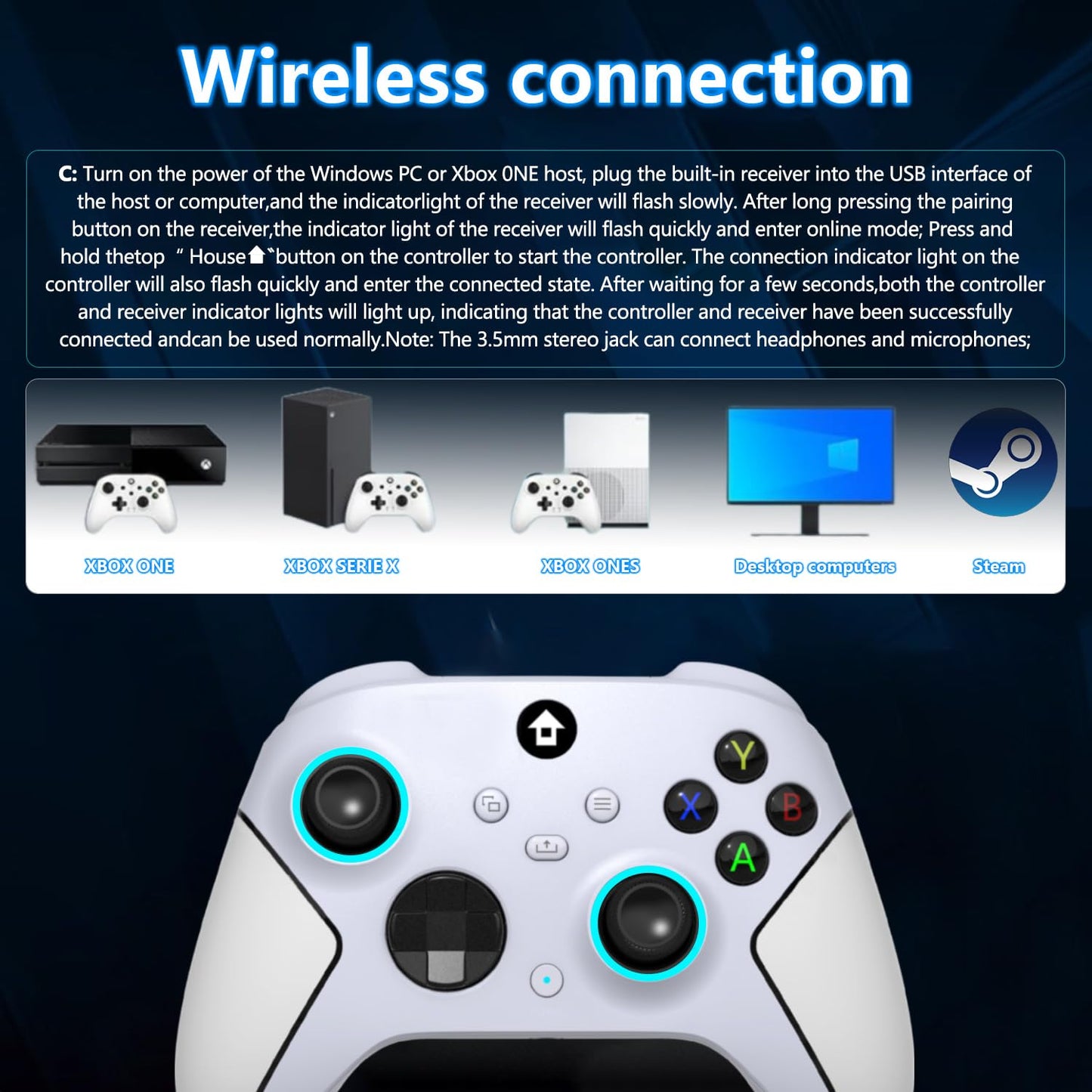YUYIU Wireless 2.4GHz Controller with 7 Colors RGB Light for Xbox Controller, Xbox One Series X|S,Consoles,Steam PC Windows, with 1000mAh Battery/Dual Vib-ration/Turbo/Programmable, 3.5mm Audio Jack
