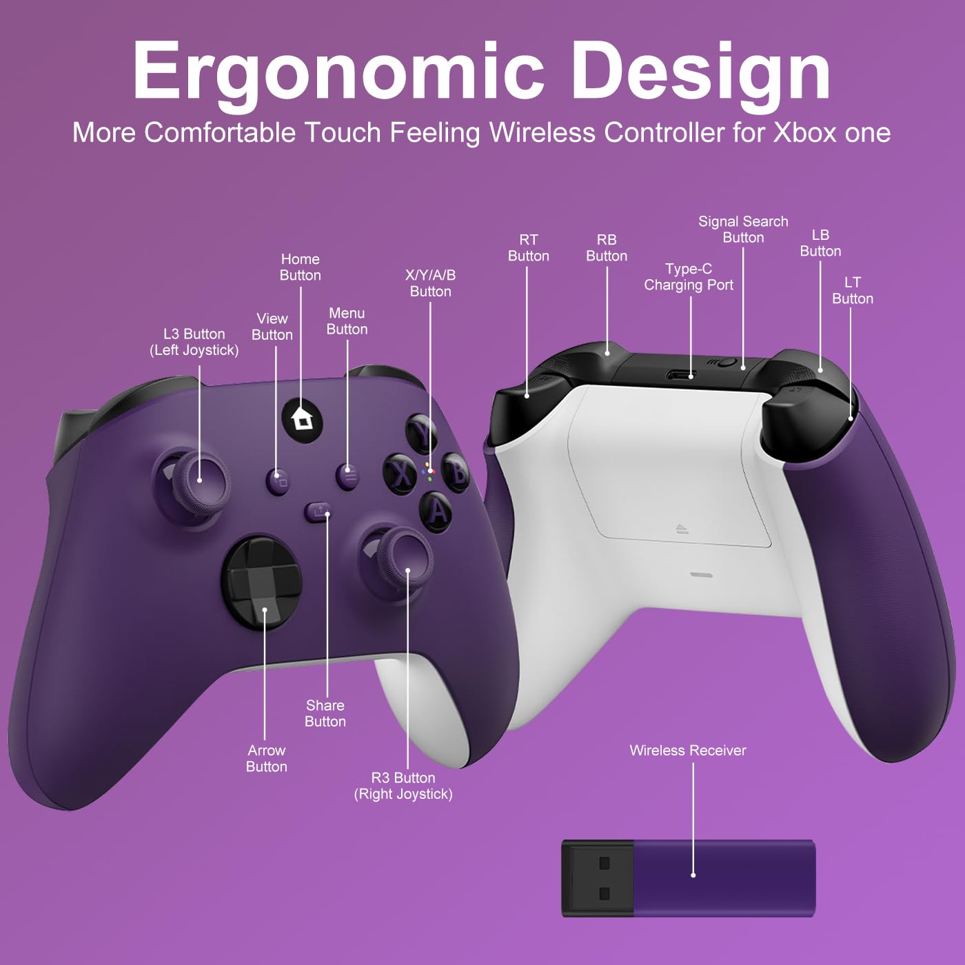 ADHJIE Xbox One Controller, 2.4GHz Wireless Controller Compatible with Xbox One/One S/One X/Xbox Series S/X/PC with 3.5mm Headphone Jack, Purple