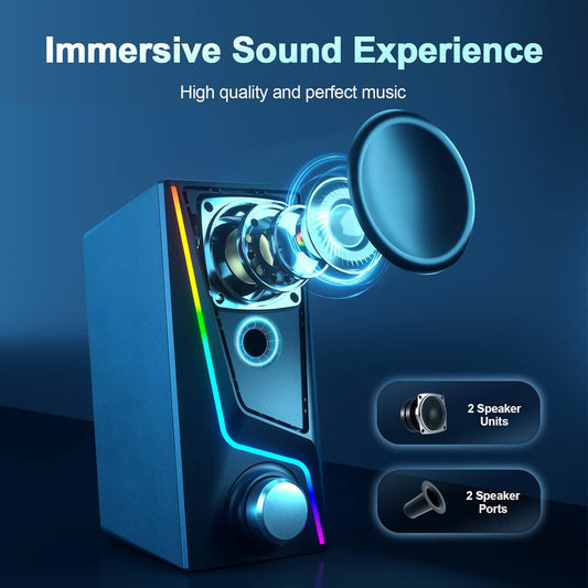 Computer Speakers, PC Speakers with 6 Colorful LED Modes, USB Powered Computer Speakers for Desktop with 2 Bass-Boost Ports, 2 Speaker Units and 3.5mm Aux-in Cable for PC, Laptop, Tablet, Phone - PuriLite