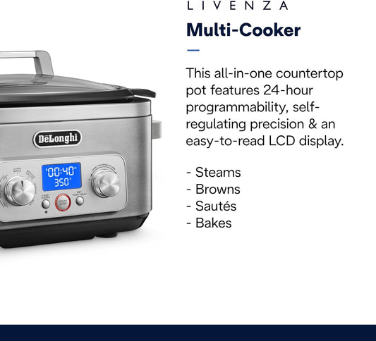 De'Longhi Livenza 7-in-1 Multi-Cooker Programmable SlowCooker, Bake, Brown, Saute, Rice, Steamer & Warmer, Easy to Use and Clean, Nonstick Dishwasher Safe Pot, (6-Quart), Stainless Steel - PuriLite