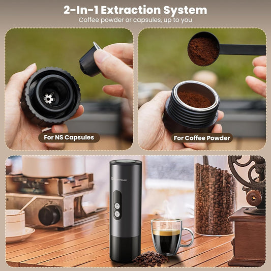 Maestri House 150W Espresso Maker with 2-3 Min Fast Self-Heating, Portable Travel Espresso Coffee Machine with Small Tea Cup Also Holder for NS Capsule & Ground Coffee for Car Camping, RV, Hiking - PuriLite