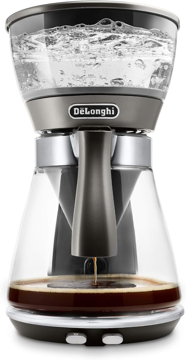 De'Longhi ICM17270 3-in-1 Specialty Coffee Brewer, Iced Coffee Maker (Bold Cold Brew), Gourmet Pour Over, Premium Drip, Glass Carafe, 8-Cup, Silver Metallic