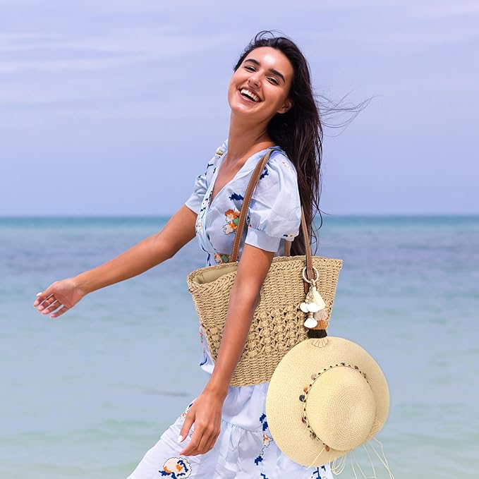 RUNROLE Straw Handbags with Tassel Hat Clip for Travel, Handmade Summer Raffia Totes, Hobo Shoulder Bag Purse for Women