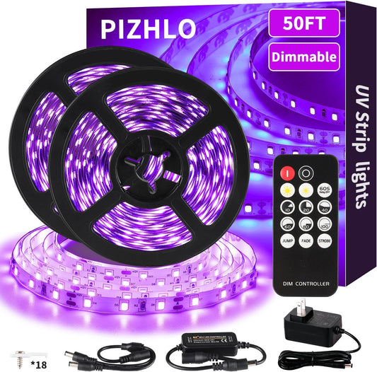 Upgraded 50ft/15M LED Black Light Strip Set with Remote, 900 LEDs, 12V Self-Adhesive Dimmable Black Light Fixture, for Dance Parties, Interior Decoration, SMD2835 LED Lamp Beads, Non-Waterproof