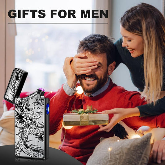 Gifts for Him Men, Electric Lighter USB C Rechargeable Dragon Lighter Dual Arc Plasma Windproof Lighter Cool Lighter Flame-Less with Large Capacity Battery (Black Dragon)