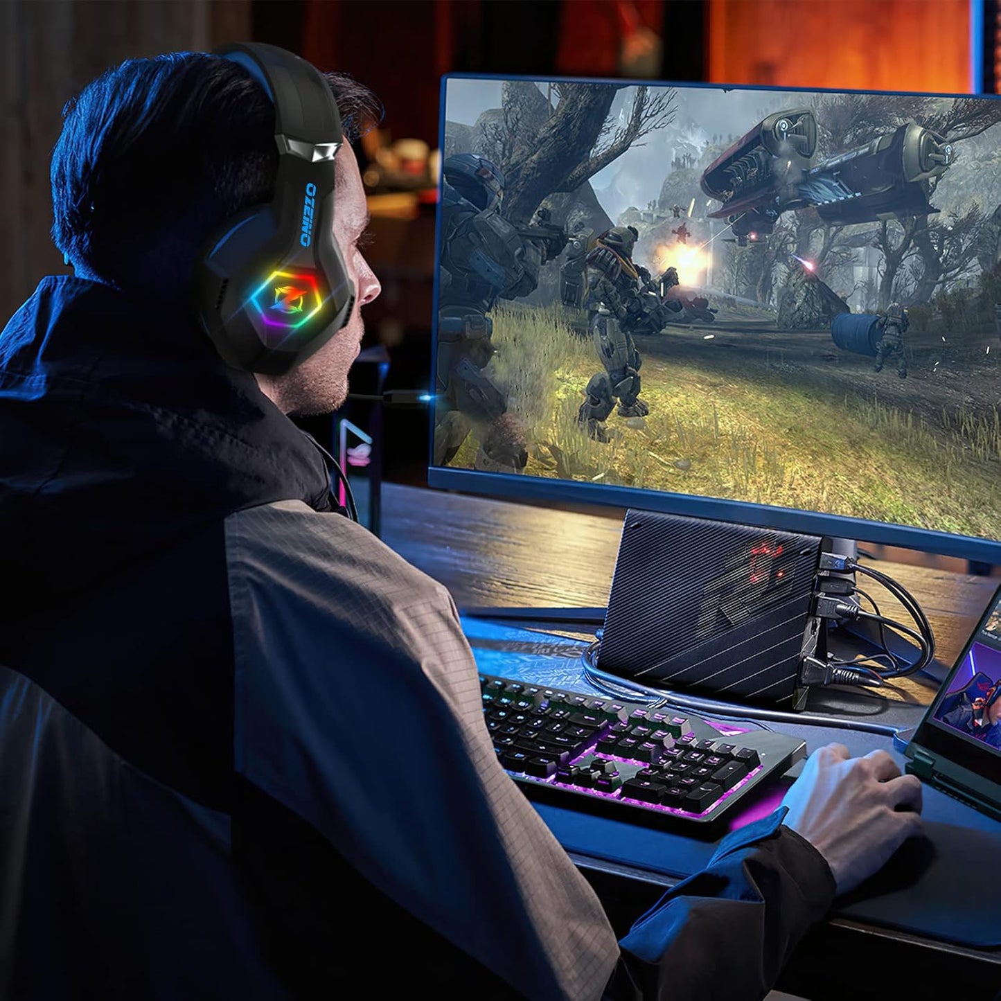 Gaming Headset for Ps5 Ps4 PC, Over Ear Gaming Headphones with Noise Cancelling Microphone RGB Light, Deep Bass Stereo Sound Headset for Xbox Series X/S, Switch, Laptop, Mac, Phone