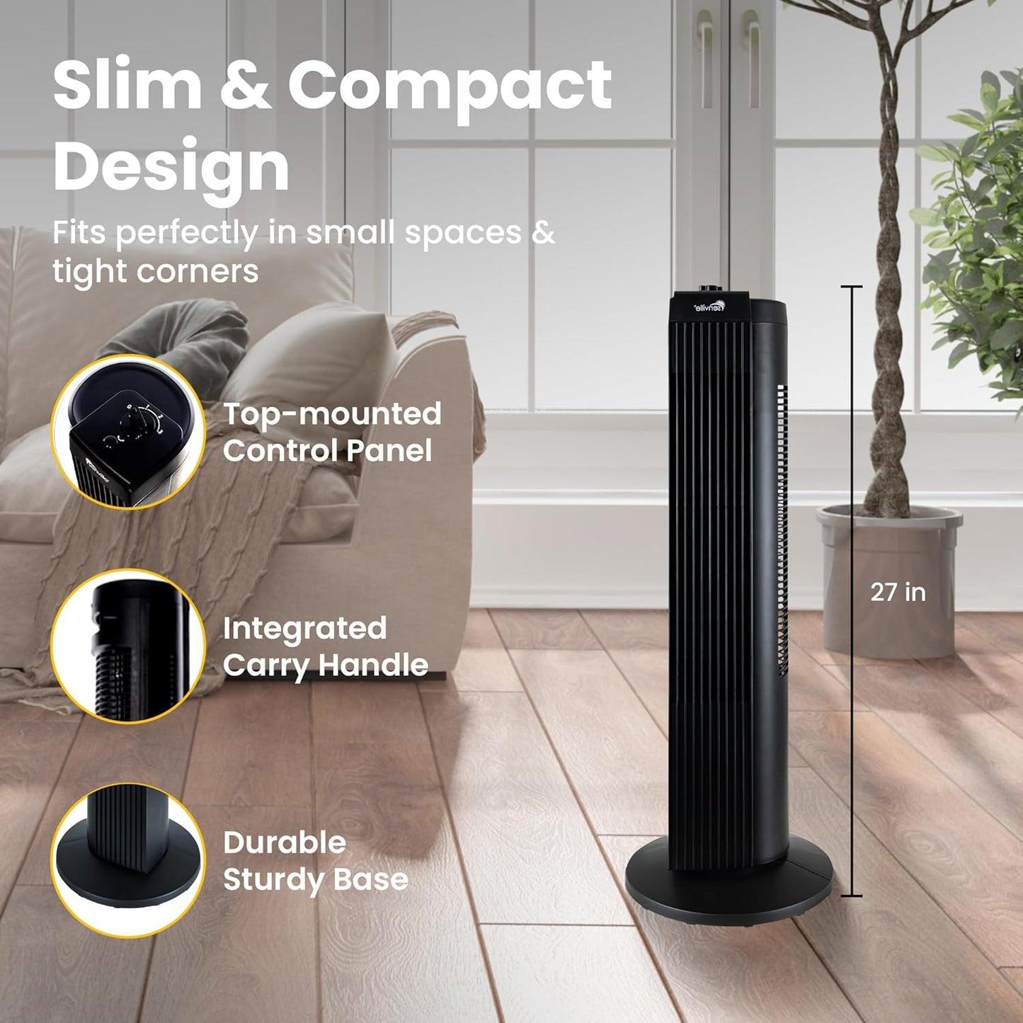 Senville 27" Standing Fan for Bedroom and Home with 60° Oscillation, 3 Speed, Compact Space-Saving Design, SENFZ10-19M - PuriLite