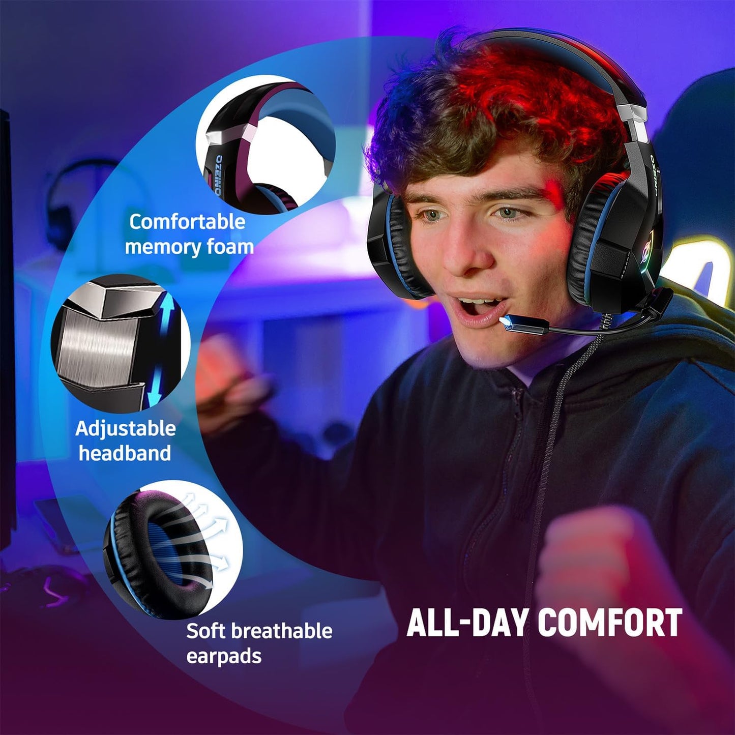 Gaming Headset for Ps5 Ps4 PC, Over Ear Gaming Headphones with Noise Cancelling Microphone RGB Light, Deep Bass Stereo Sound Headset for Xbox Series X/S, Switch, Laptop, Mac, Phone