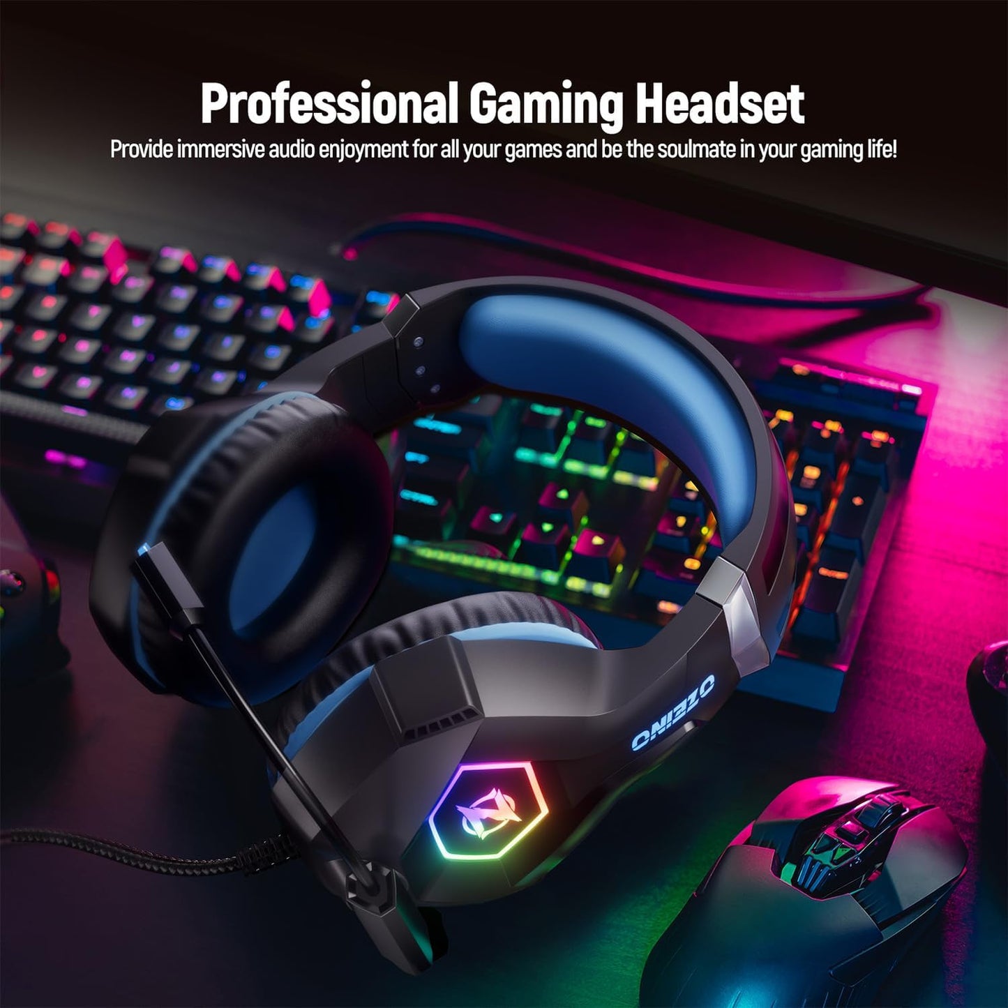 Gaming Headset for Ps5 Ps4 PC, Over Ear Gaming Headphones with Noise Cancelling Microphone RGB Light, Deep Bass Stereo Sound Headset for Xbox Series X/S, Switch, Laptop, Mac, Phone