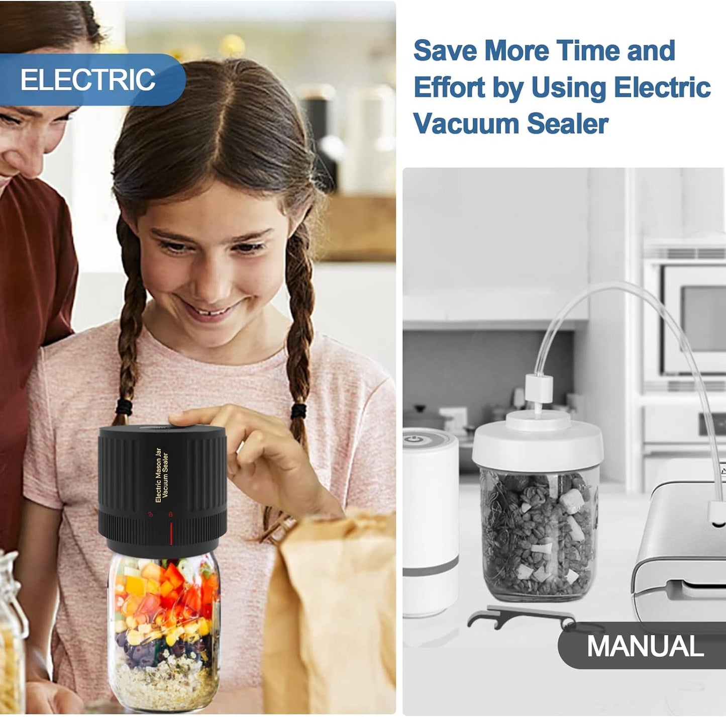 Electric Mason Jar Vacuum Sealer, Cordless Vacuum Sealer Kit for Wide-Mouth & Regular-Mouth Mason Jars, for Food Storage and Fermentation, Black