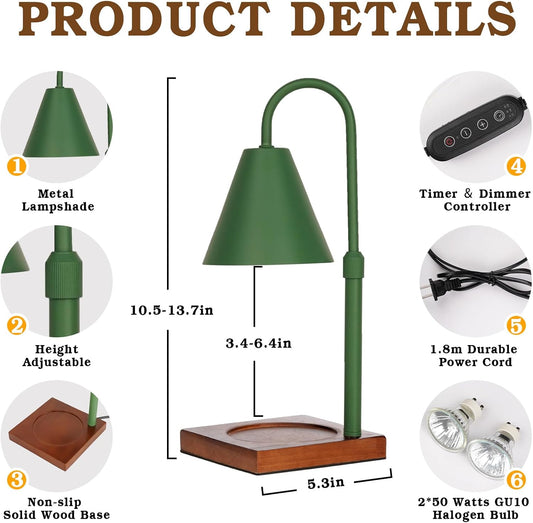 Modern Candle Warmer Lamp with Timer Dimmer, Electric Green Candle Lamp Warmer, Candle Lamp Adjustable Height, House Warming Gifts New Home, Room Decor Wax Melt Warmer for Scented Wax - PuriLite