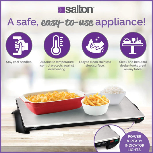Salton Electric Warming Tray with Automatic Temperature Control, Keeps Food Hot for Buffets, Entertaining, Stainless Steel Warmer Cooktop for Appetizers, Large Surface Measures 25” X 12”, 1000 Watts (TWT40) - PuriLite