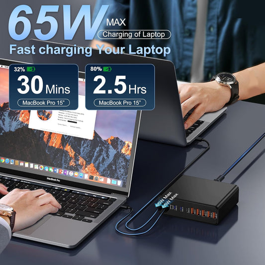 380W USB C Charger,10-Port USB C Charging Station GaN III Fast Charging Station Hub Laptop Adapter for MacBook Pro/Air,iPad,iPhone,Dell XPS,Samsung Galaxy (Black) - PuriLite