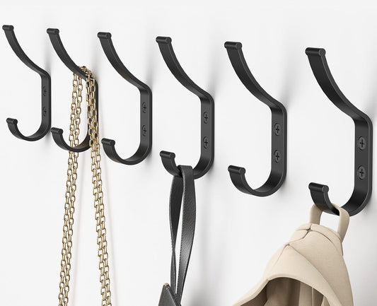 12 Pack Coat Hooks, 30KG Load Bearing Wall Hook for Hanging(Max), 1.6" L X 0.5" W X 3.94" H Coat Rack Wall Mount Double Hooks for Bag, Towels, Hats, Keys, Black