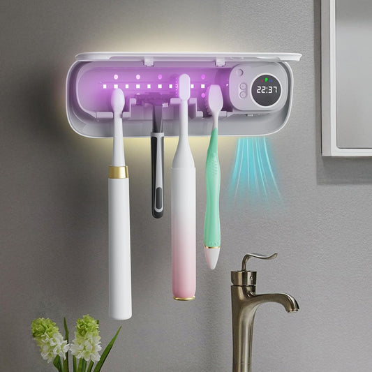UV Toothbrush Holders for Bathrooms, Air DryingHolder Smart Home Bathroom Accessories, Timer Function & 5 Toothbrush Slots, Toothbrush Holder Wall Mounted with Replaceable Slot