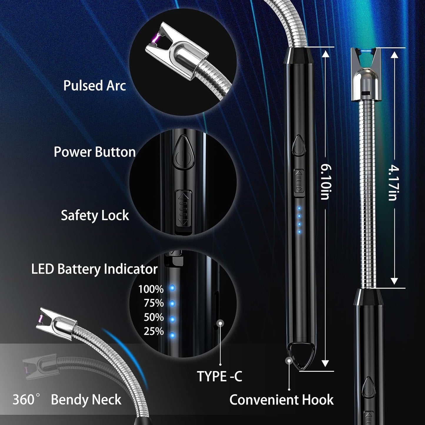 2 Pack Plasma Arc Electric Lighters Rechargeable - USB Long Reach for Scented Candles, BBQ Grill &Camping - Windproof Design Lighters