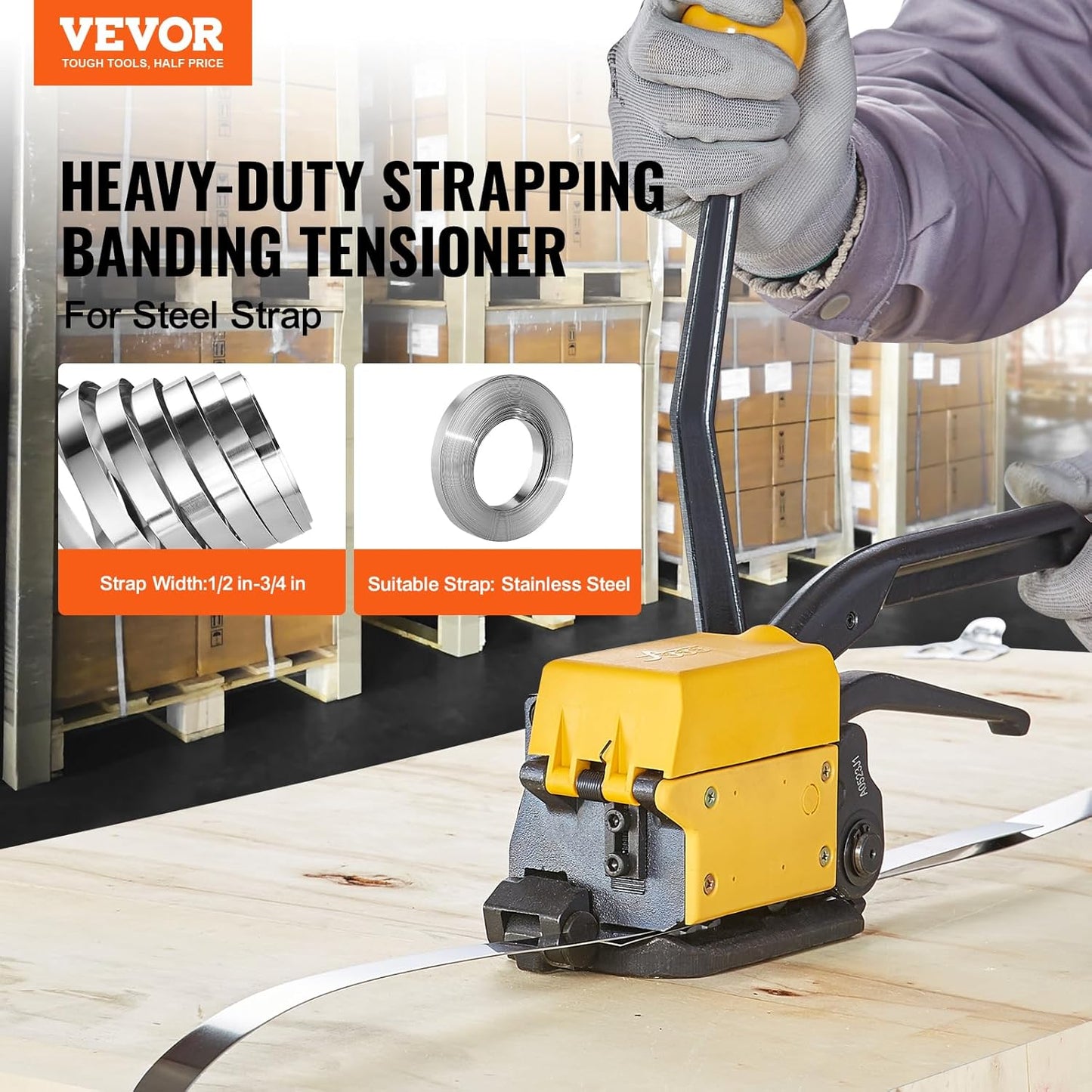 VEVOR Steel Strapping Tool for 1/2"-3/4" Width, 3-in-1 (Tensioner, Crimper, Cutter) Manual Belt Packaging Banding Machine Packaging Metal Steel Strapping Banding Tool Machine for Stainless Steel Strap