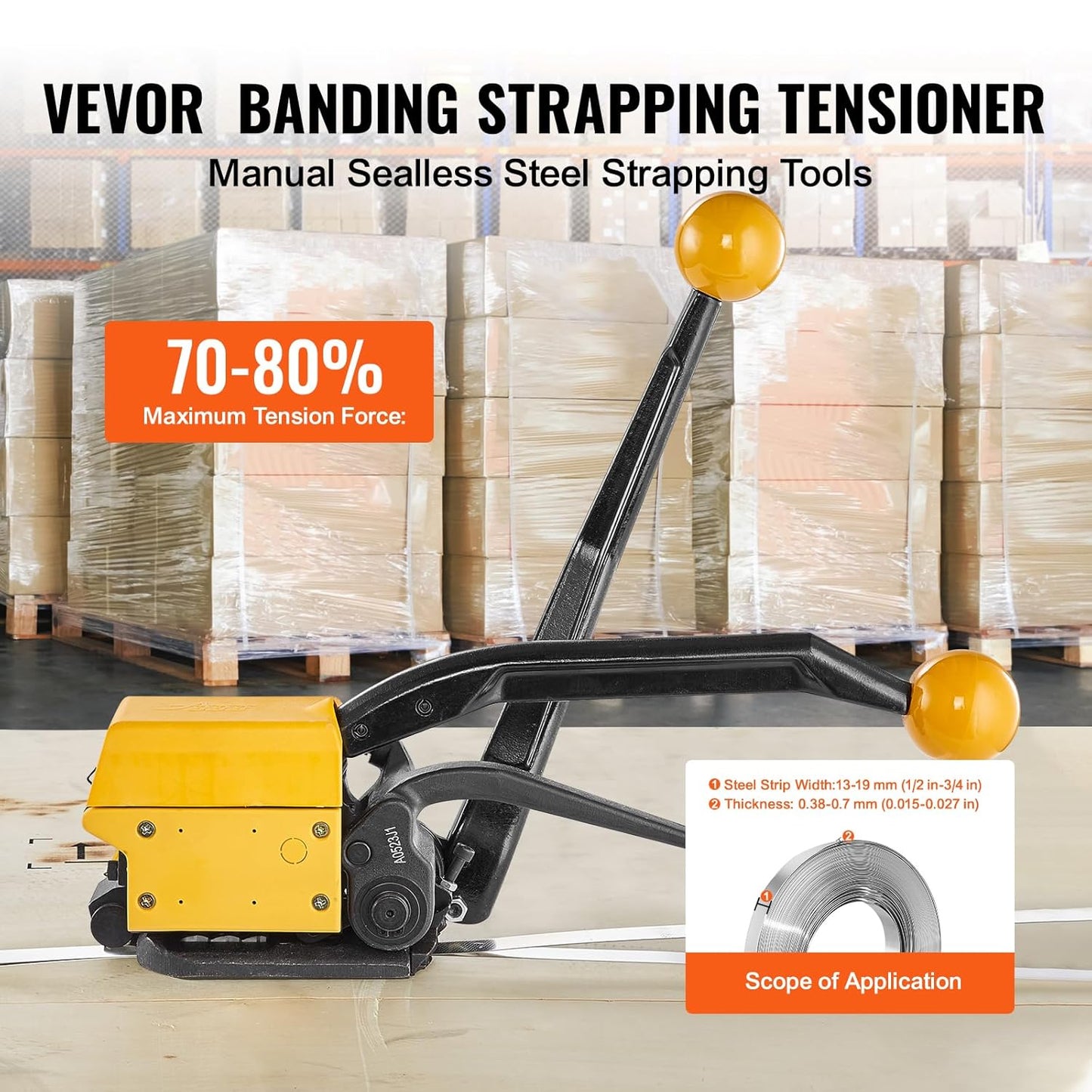 VEVOR Steel Strapping Tool for 1/2"-3/4" Width, 3-in-1 (Tensioner, Crimper, Cutter) Manual Belt Packaging Banding Machine Packaging Metal Steel Strapping Banding Tool Machine for Stainless Steel Strap
