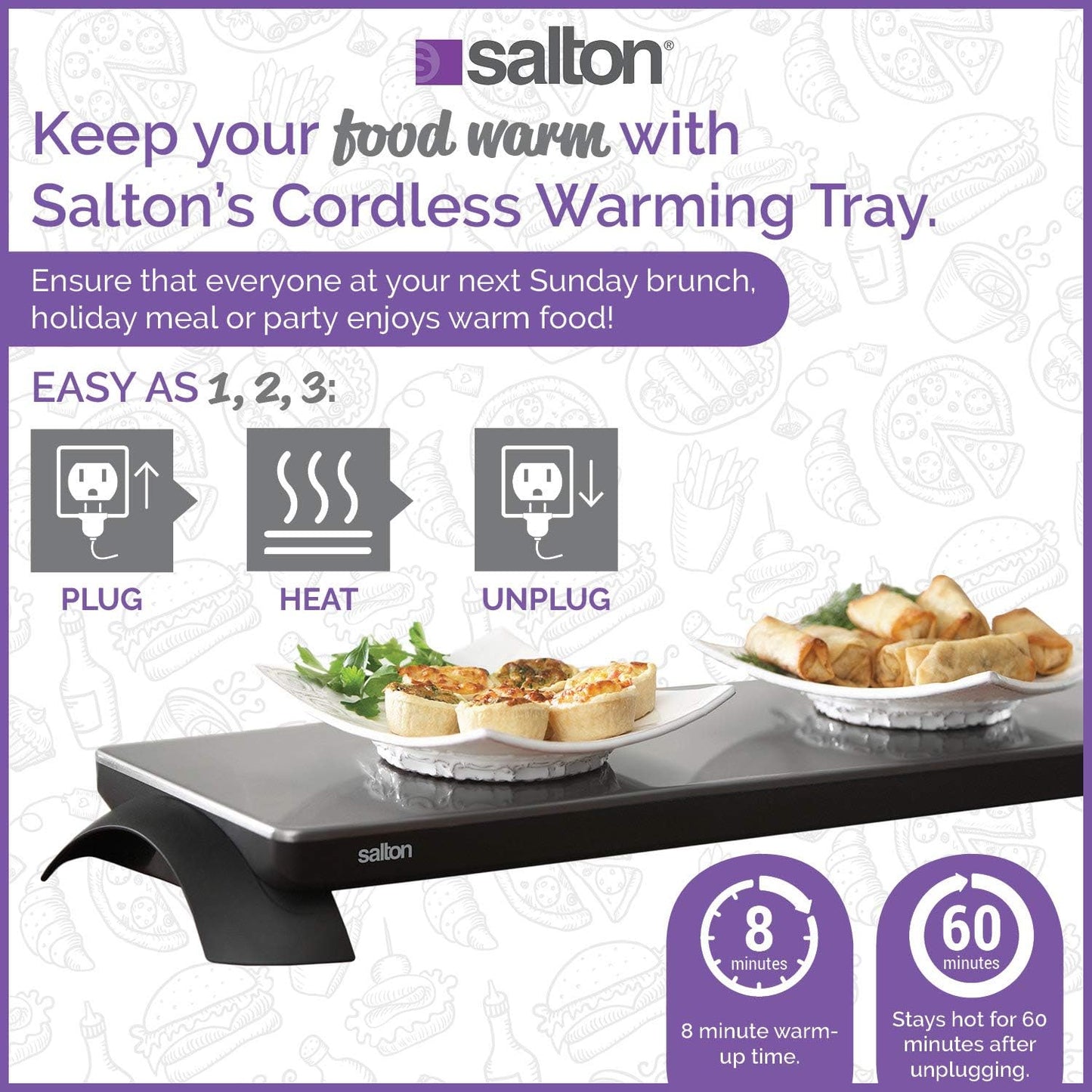 Salton Electric Warming Tray with Automatic Temperature Control, Keeps Food Hot for Buffets, Entertaining, Stainless Steel Warmer Cooktop for Appetizers, Large Surface Measures 25” X 8”, 800 Watts (TWT30)