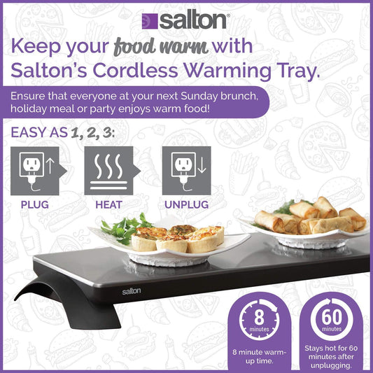 Salton Electric Warming Tray with Automatic Temperature Control, Keeps Food Hot for Buffets, Entertaining, Stainless Steel Warmer Cooktop for Appetizers, Large Surface Measures 25” X 8”, 800 Watts (TWT30) - PuriLite
