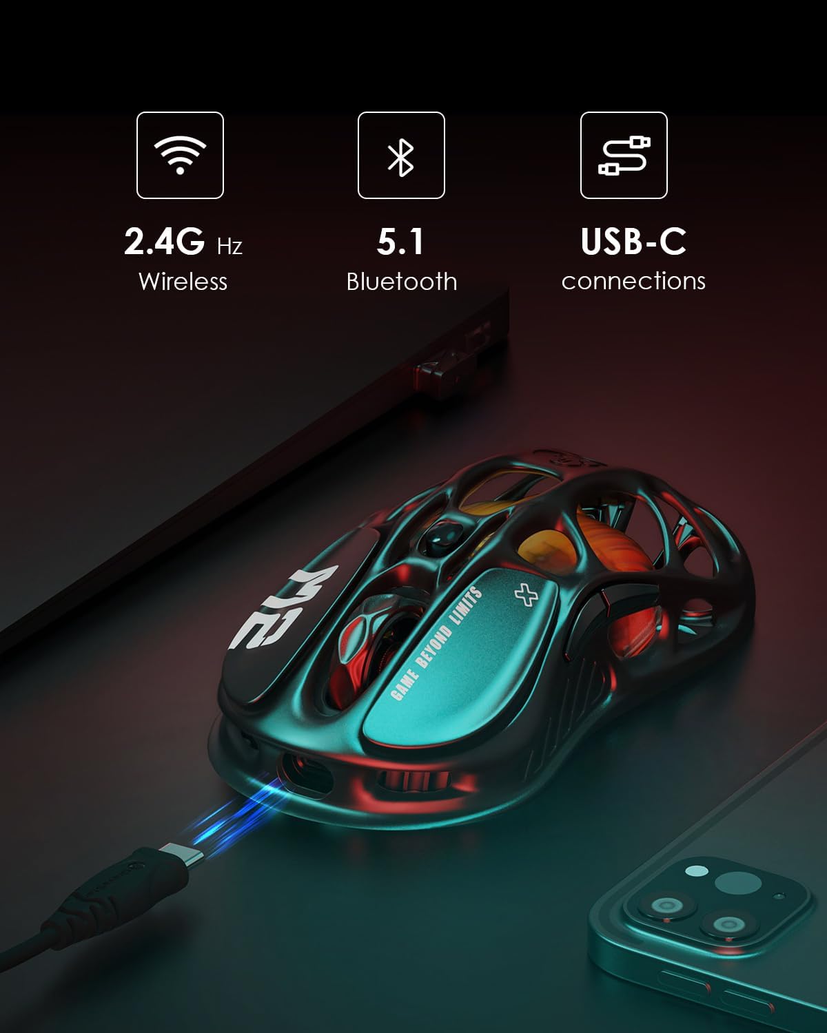 GravaStar Mercury M2 Wireless Gaming Mouse with 26,000 DPI, PAW3395DM Sensor -79g Lightweight Hollowed-Out Design -5 Programmable Buttons -5 Dynamic Lightsync RGB - Stealth Black