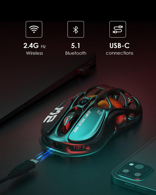 GravaStar Mercury M2 Wireless Gaming Mouse with 26,000 DPI, PAW3395DM Sensor -79g Lightweight Hollowed-Out Design -5 Programmable Buttons -5 Dynamic Lightsync RGB - Stealth Black - PuriLite