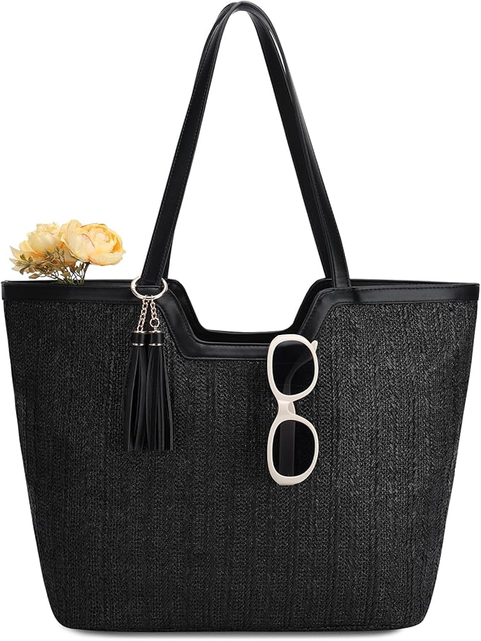 Straw Beach Tote Bag for Women,Vaschy Cute Trendy Woven Crochet Raffia Summer Shoulder Handbags Purses for Travel Vacation - PuriLite