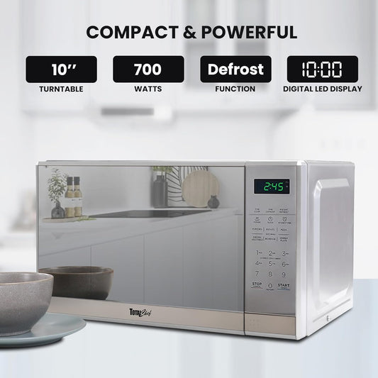 Total Chef Microwave Oven with Door Lock for Small Compact Space Cu.ft Digital Touchscreen Controls One-Touch Push-Button Opening Pre-Set Cooking Modes Silver Stainless Steel - PuriLite