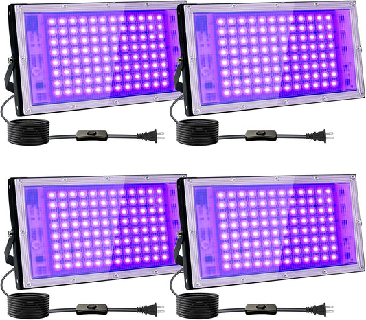 4 Pack 100W LED UV Black Light, Indmird Black Lights for Glow Party, IP65 Waterproof Black Light, for Black Light Party, Stage Lighting, Halloween, Body Paint, Fluorescent Poster, Neon Glow