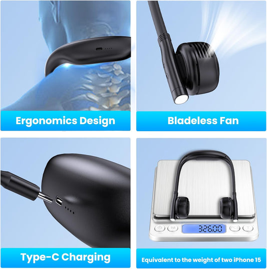 Neck Fan - Portable Rechargeable Bladeless Fan with 5000mAh Battery, Removable Personal Fan, 3-in-1 Design with Reading Light, Ideal for Travel, Camping, and Bedtime Reading (Black)