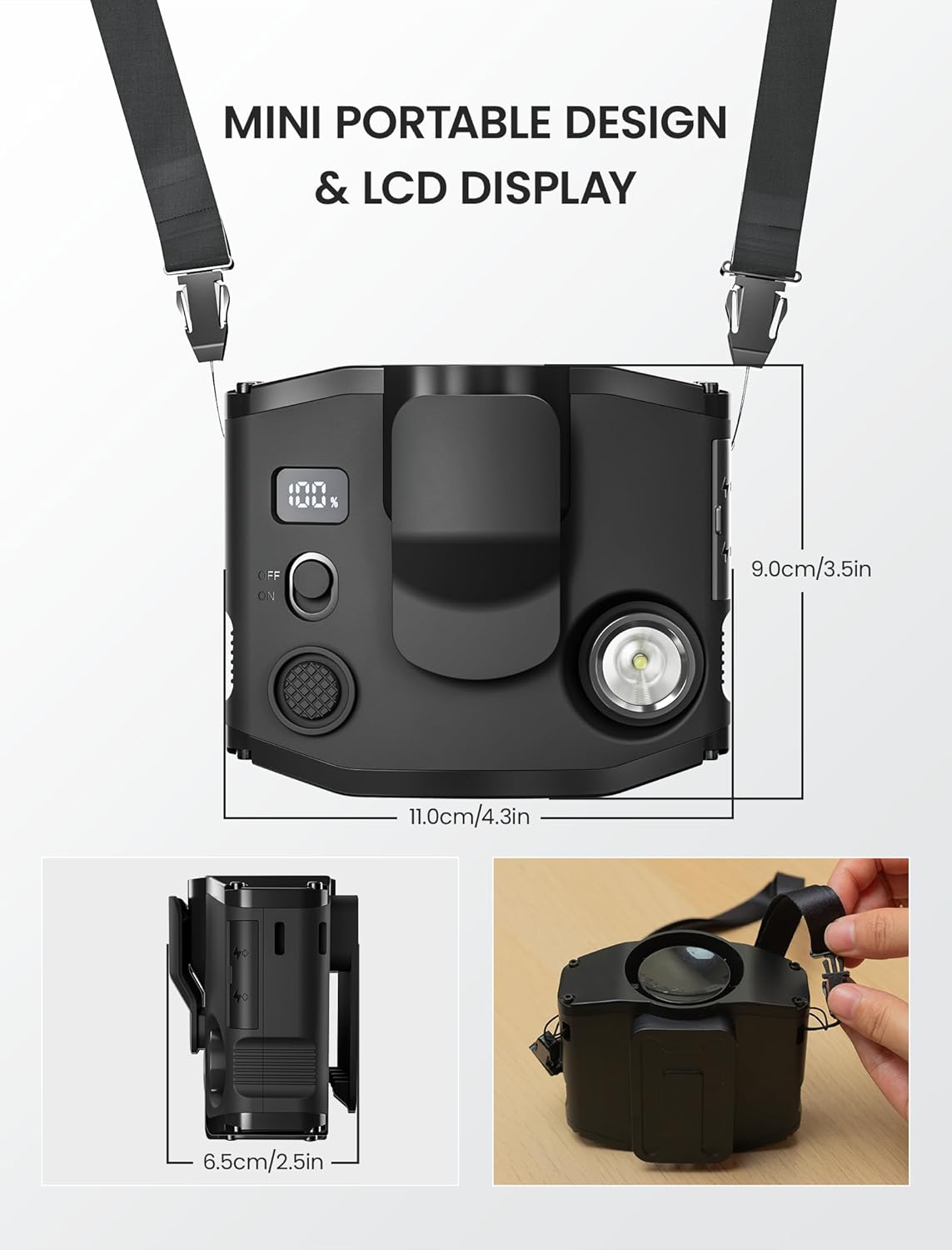 Portable Waist Clip Fan with LED Display - Small Belt Fan with Dual Clips and Lanyard, Personal Wearable Cooler with 3 Speed, Max 21 Hours, Necklace Fan