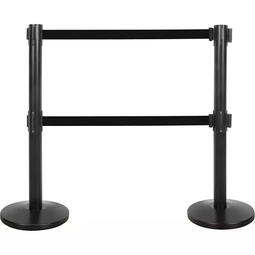 Dual Belt Crowd Control Barrier, Steel, 35" H, Black Tape, 7' Tape Length - PuriLite