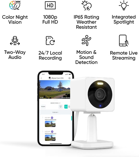 WYZE Cam OG - 1080p HD Wi-Fi Security Camera for Indoor/Outdoor Use, Color Night Vision, Spotlight, 2-Way Audio, Cloud & Local Storage - PuriLite