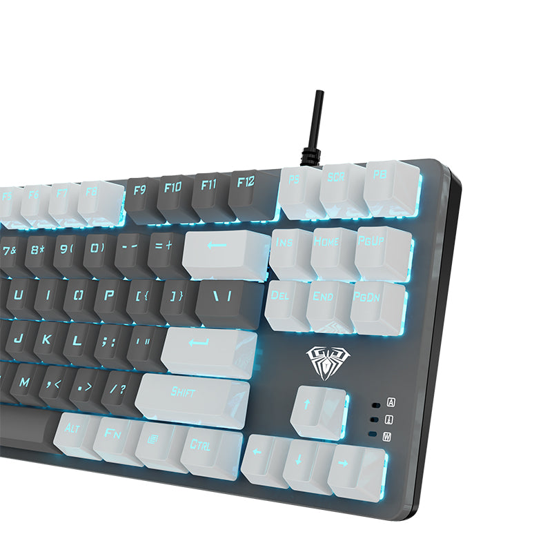 Aula - F3287 Wired Mechanical Gaming Keyboard - 87 Keys with Blue Switches - White & Grey Keycaps - Programmable Macros