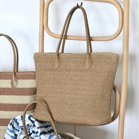 HOXIS Weekender Lightweight Synthetic Straw Shopper Tote Womens Shoulder Handbag - PuriLite