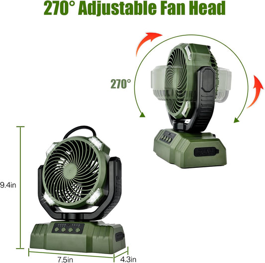 Camping Fan with LED Light, 10000mAh Rechargeable Battery, 4 Speeds & Timers - Portable Desk Fan with Remote Control for Camping, Emergency, Jobsite (Green)