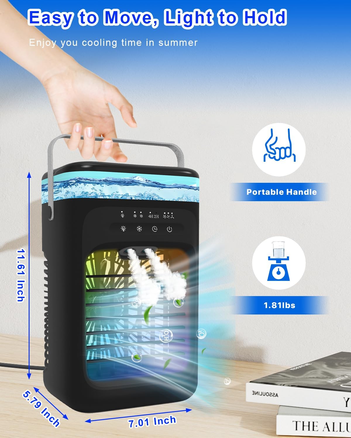 Mecmic Portable Air Conditioner Cooling Fan - 3 Speeds, 2 Mist Modes, 1000mL Water Tank, 7-Color Night Light, 2-4H Timer, Mini Cooling Fan for Bedroom, Office, Camping