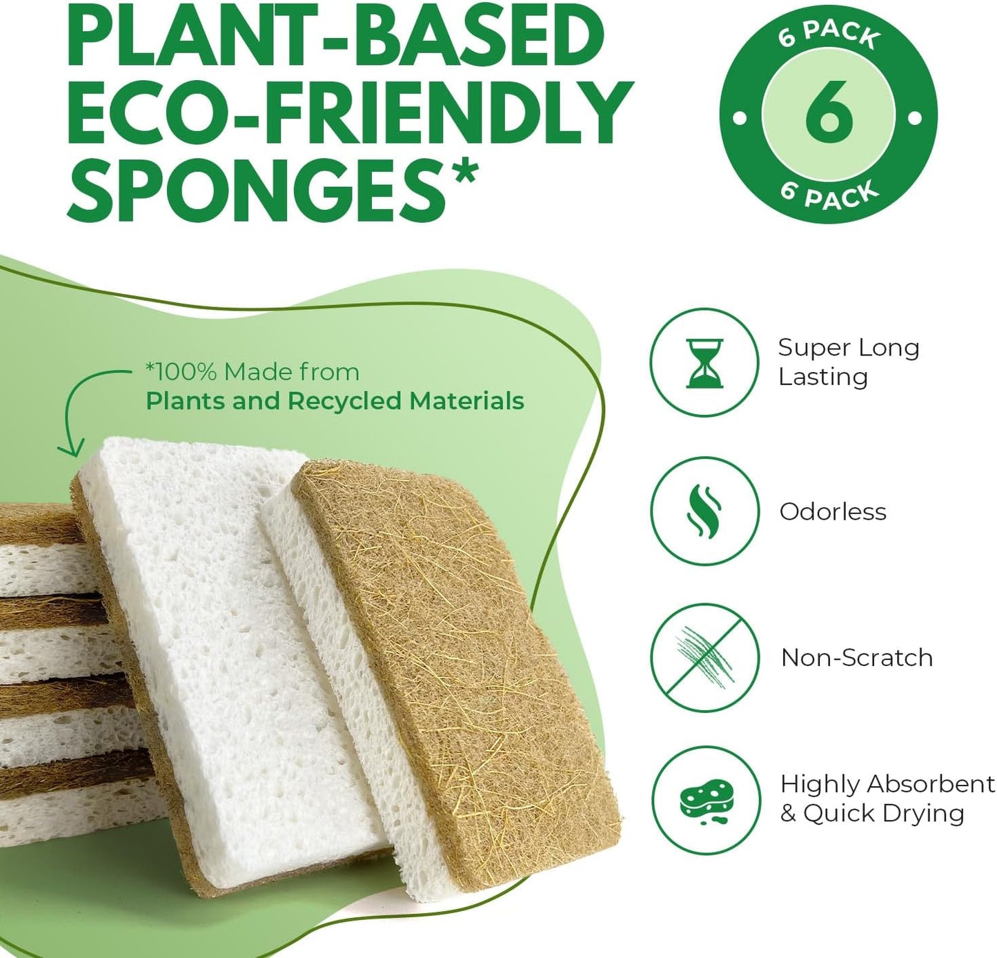 AIRNEX 6 Pack Biodegradable Natural Kitchen Sponges - Eco Friendly Cellulose and Coconut Dish Scrubbers - Odourless, Non Scratch Dual Sided Multipurpose Sponges