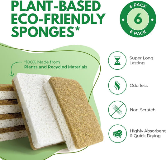 AIRNEX 6 Pack Biodegradable Natural Kitchen Sponges - Eco Friendly Cellulose and Coconut Dish Scrubbers - Odourless, Non Scratch Dual Sided Multipurpose Sponges - PuriLite