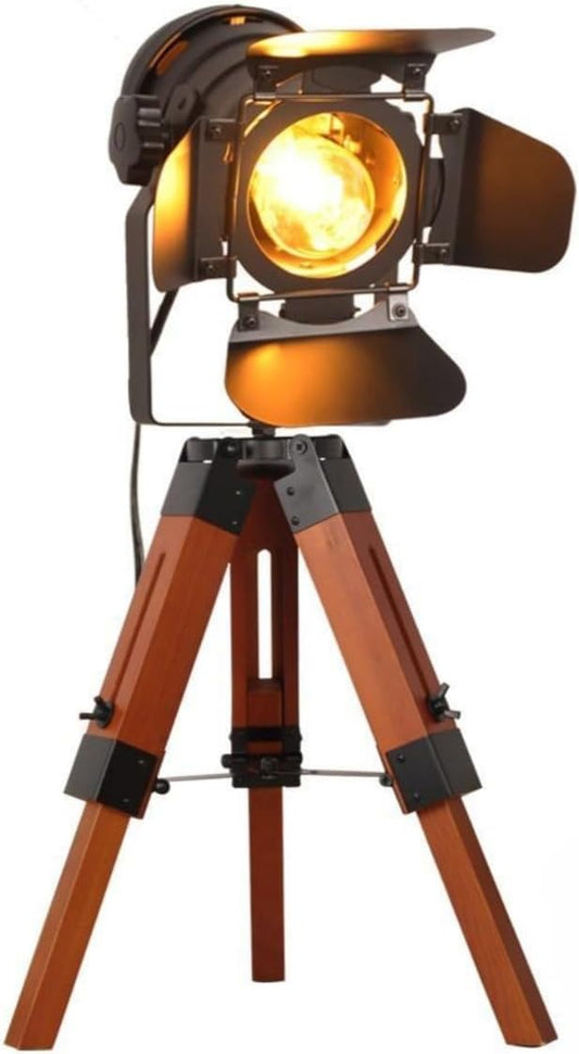 Decoluce Industrial Tripod Floor Table Lamp Vintage Wood Cinema Searchlight Standing Lighting Fixtures Nautical Spotlight Decorations-Not Include E26 Bulbs (Cinema)