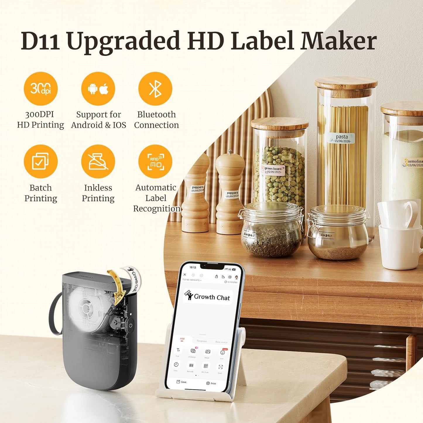 NIIMBOT D11 - Bluetooth Label Maker with HD Printing, Automatic Feeding, Portable Sticker Printer