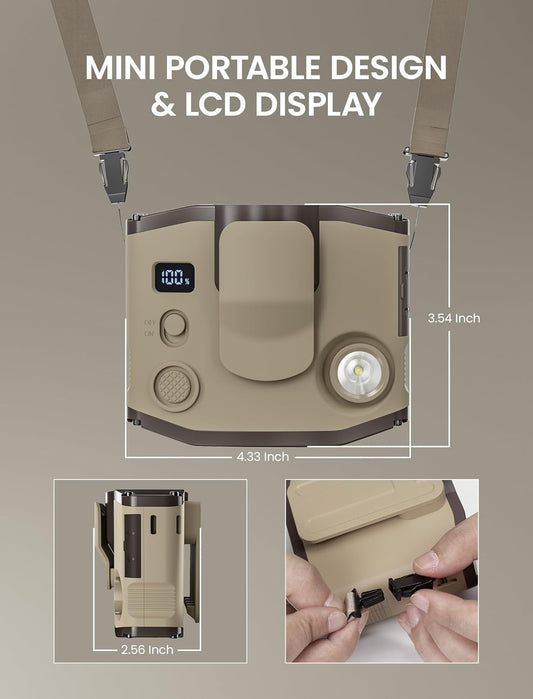 Portable Waist Clip Fan with LED Display - 10000 mAh Battery, 3 Speed Personal Wearable Fan with Dual Clips & Lanyard, Small Necklace Fan