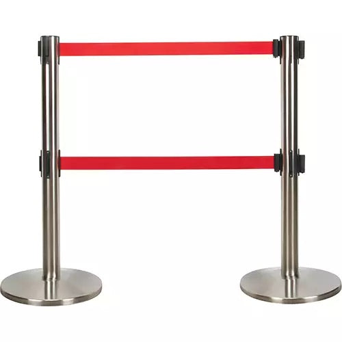Dual Belt Crowd Control Barrier, Steel, 35" H, Red Tape, 7' Tape Length - PuriLite