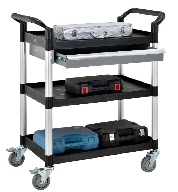 Global Industrial™ Utility Cart, 3 Shelves, 1 Drawer, 440 lb. Cap, 26"L x 17"W x 39"H, Black
